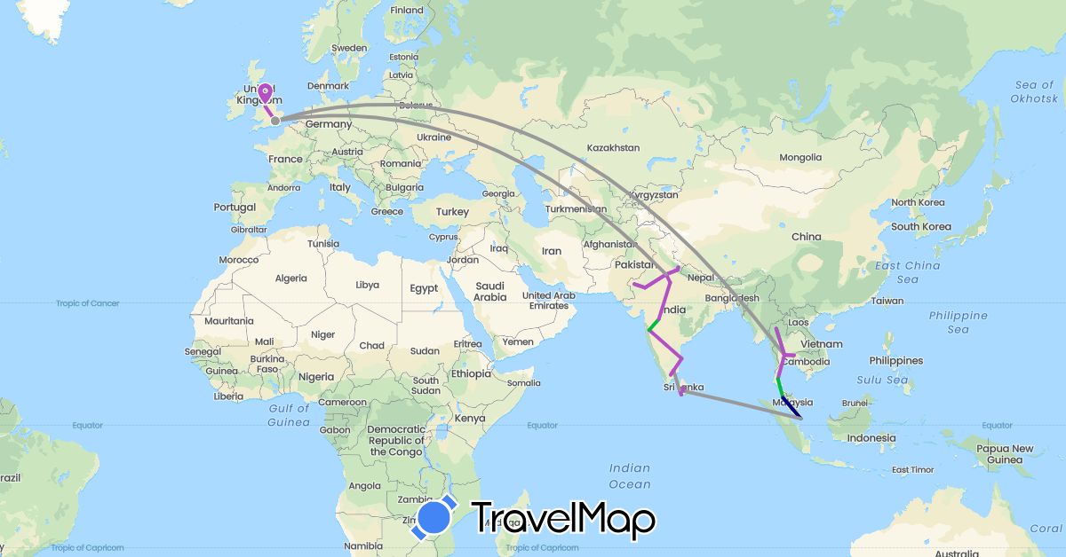 TravelMap itinerary: driving, bus, plane, train in United Kingdom, India, Sri Lanka, Malaysia, Netherlands, Singapore, Thailand (Asia, Europe)